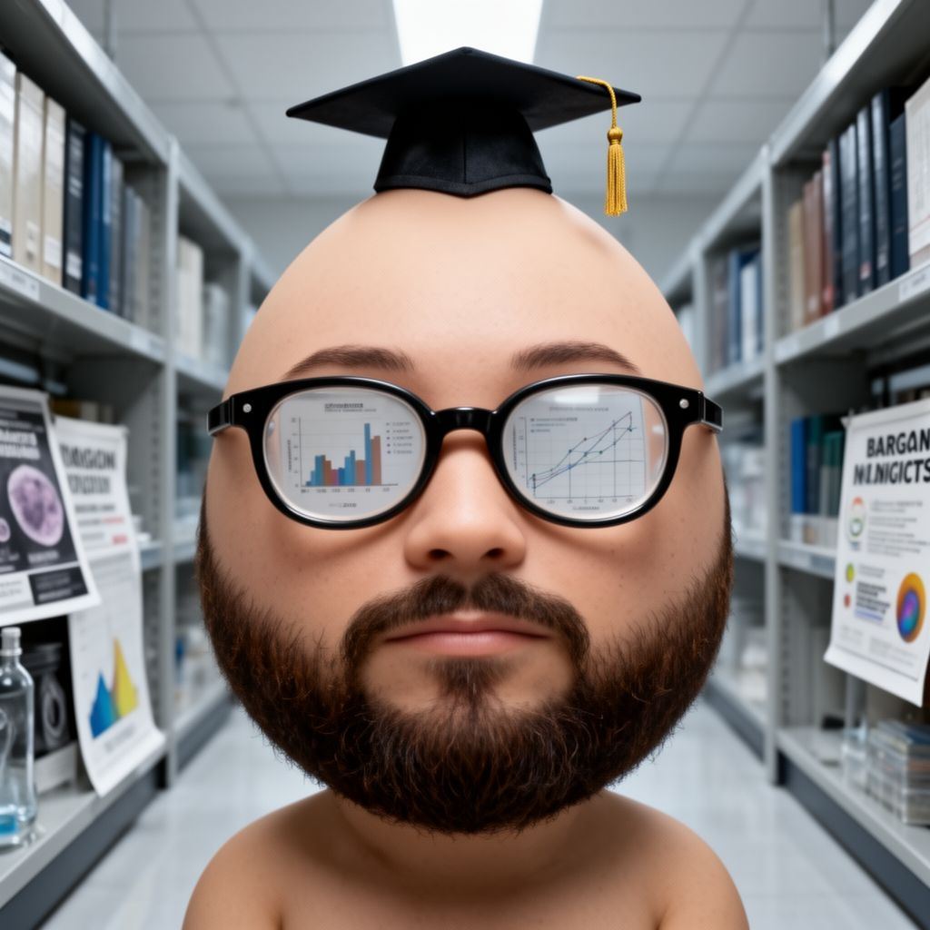 A bald egg-shaped lecturer with a beard and huge glasses wearing a tiny academic hat.