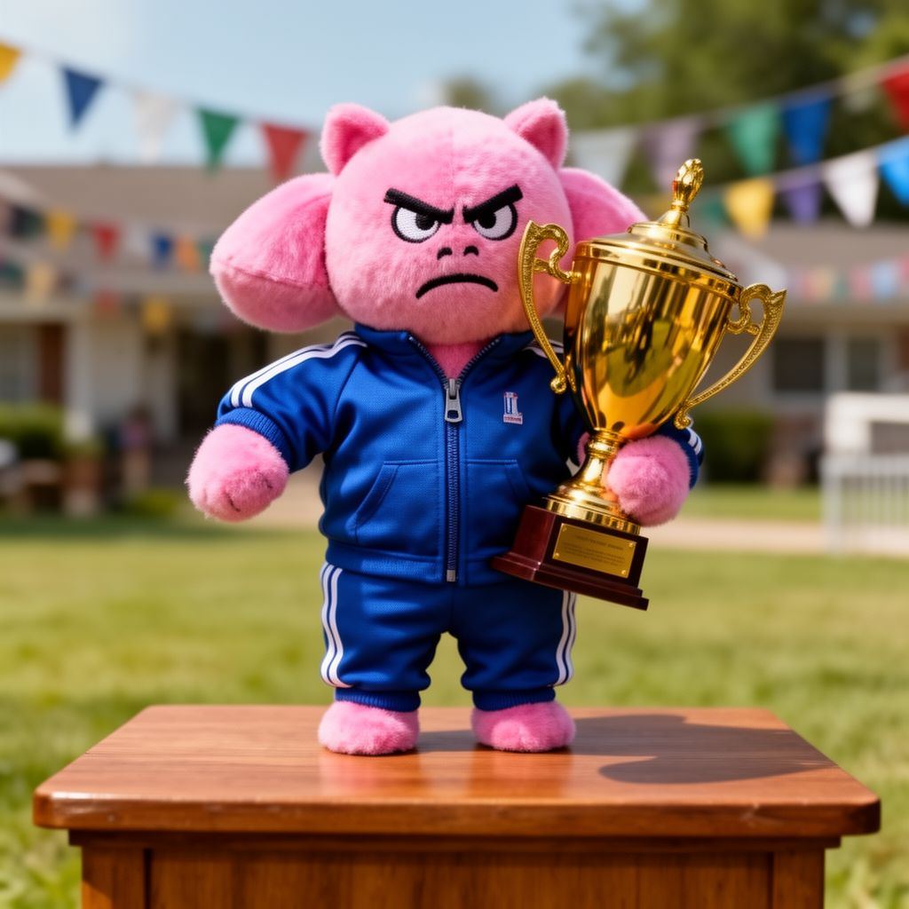 A plush pink character in a tracksuit holding a comically small gold trophy, looking sternly at the viewer.