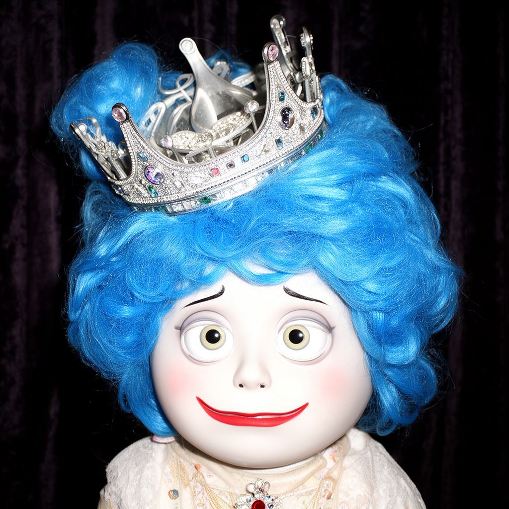 A close-up of a porcelain-faced doll mascot with a giant blue wig and a crooked crown, looking directly into the lens with a deadpan, slightly judgmental expression.
