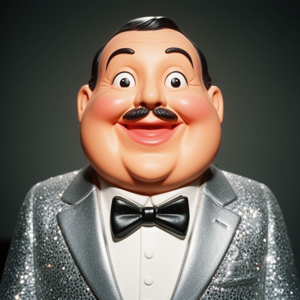 A close-up, flash-lit publicity photo of a surreal, rubbery showman with a moustache and giant cheeks in a silver jacket.