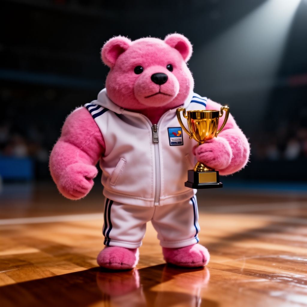 A pink plush toy in a tracksuit holding a very small trophy.