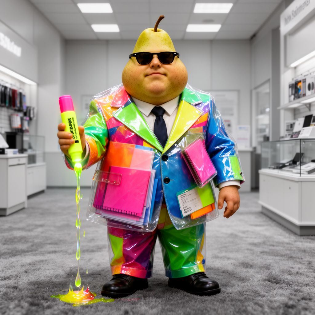 A salesman in a suit made of office supplies holding a glowing prop.