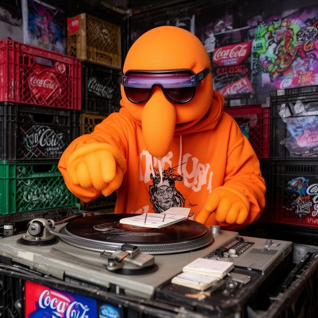 Orange foam party mascot pointing at a floor tile on a turntable.