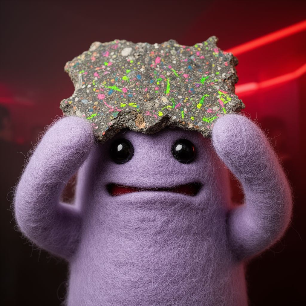 A felt creature wearing a piece of dirty floor tile as a third eye.