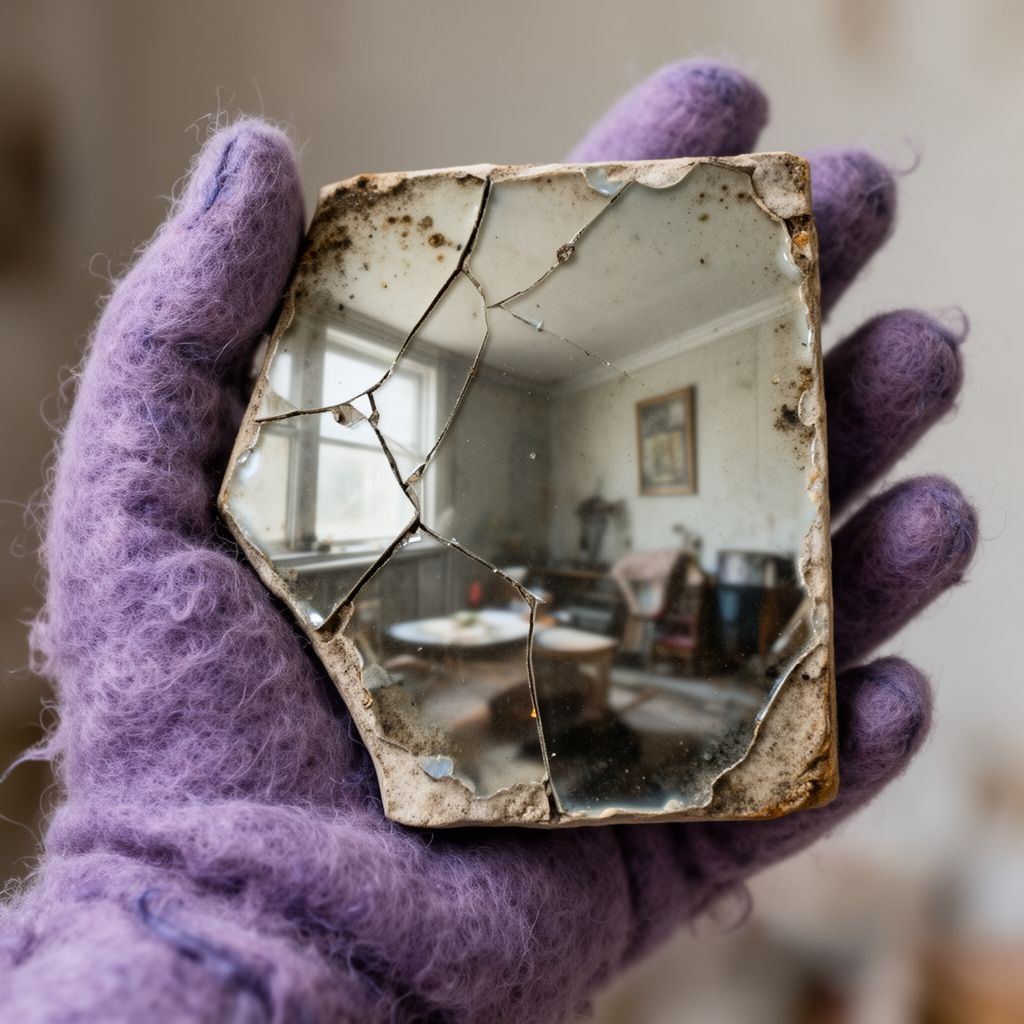A close up of my fuzzy hand holding a piece of dirty floor tile.