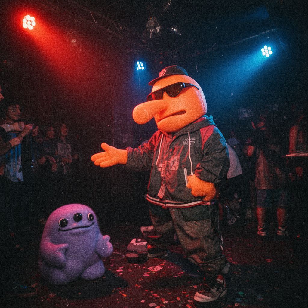 Orange mascot character looking unimpressed in a dark club setting.