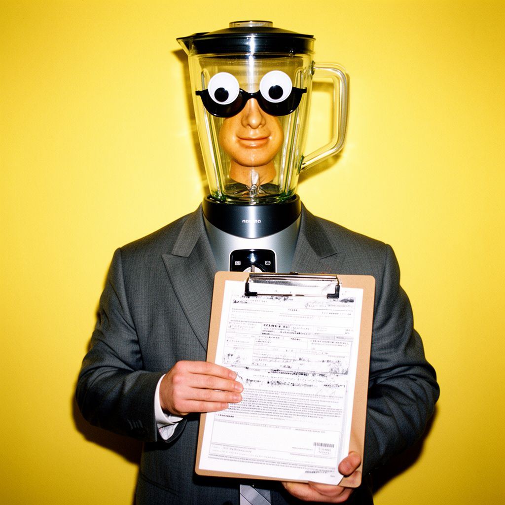 A suited blender salesman mascot holding a sales contract.
