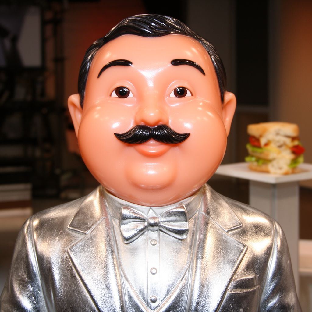 A close-up of a rubbery, peach-colored character in a silver dinner jacket looking directly at the camera with an overly enthusiastic, toothy grin.