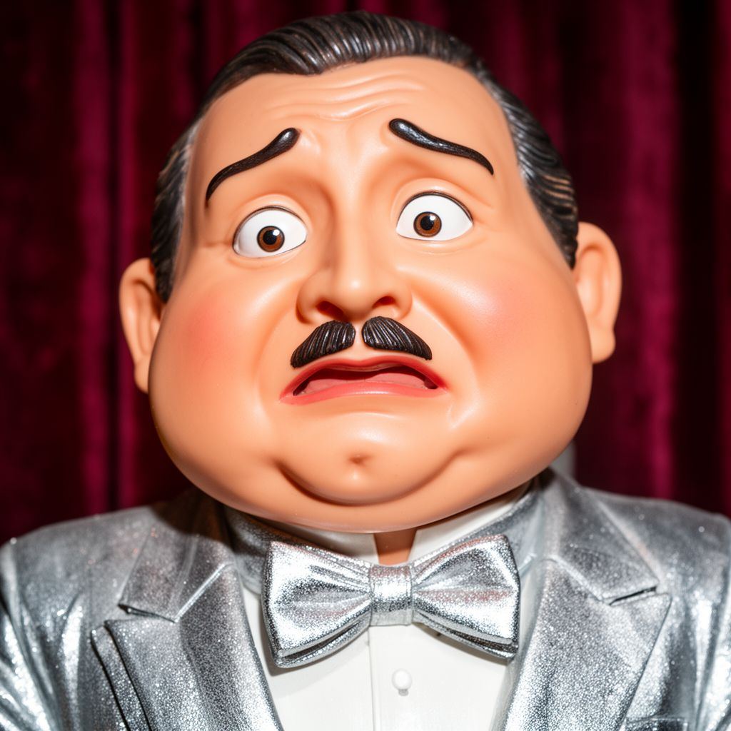 Close-up of a rubbery, peach-colored character in a silver suit, looking indignantly into the camera.