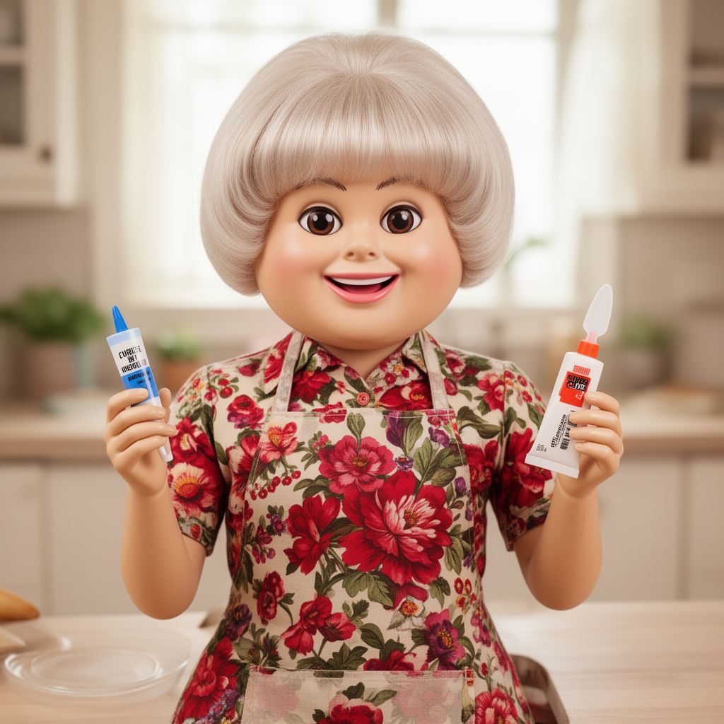 A smiling plastic mannequin offering a tube of glue in a cheerful, homey setting.