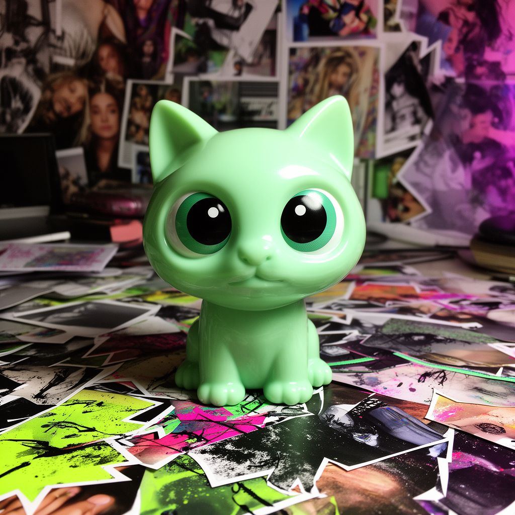 A mint-green desktop pet with huge sticker eyes sits on a desk cluttered with torn, layered paper collages.
