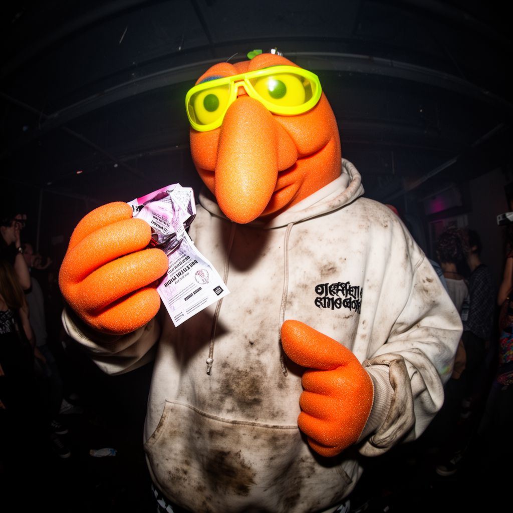 An orange foam mascot holding a crumpled flyer with a stern look.