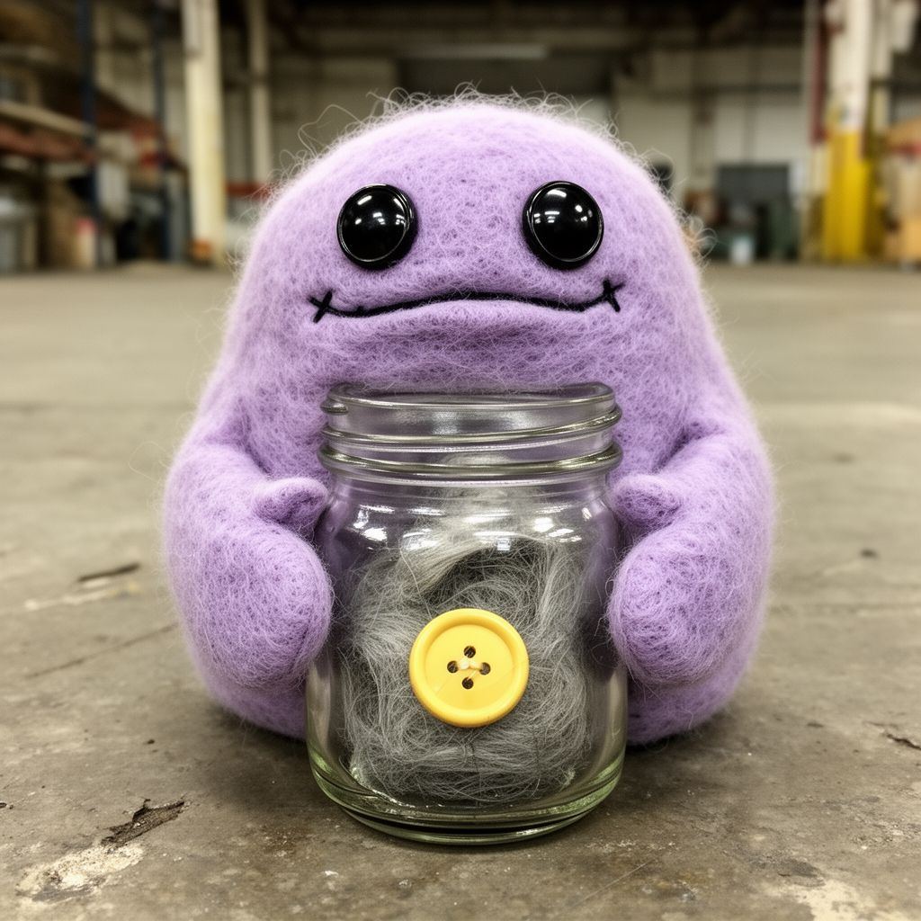 A tactile lavender felt creature holding a jar of lint.