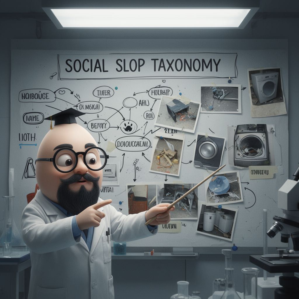 A bald character in a lab coat pointing at a chaotic, complex wall chart in a clinical office setting.
