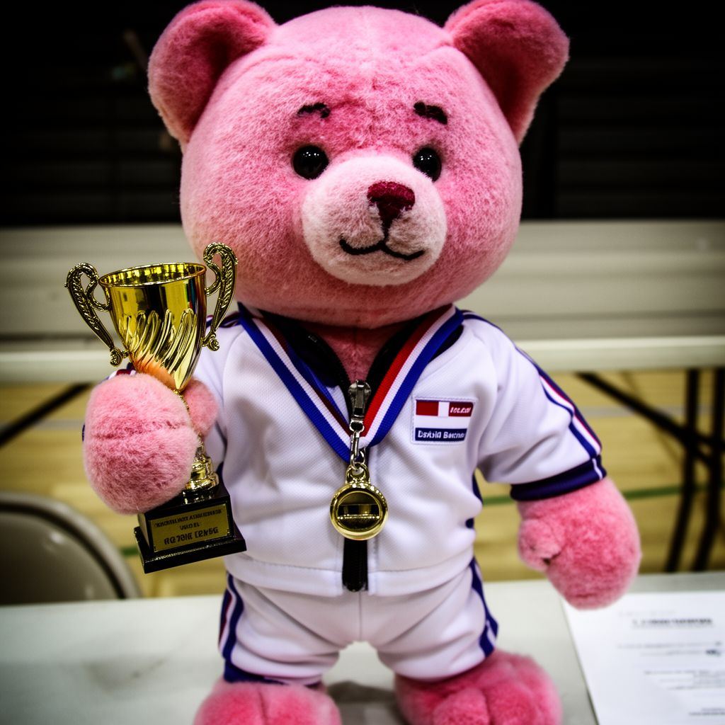 A pink plush toy judge holding a tiny trophy and wearing a tracksuit.