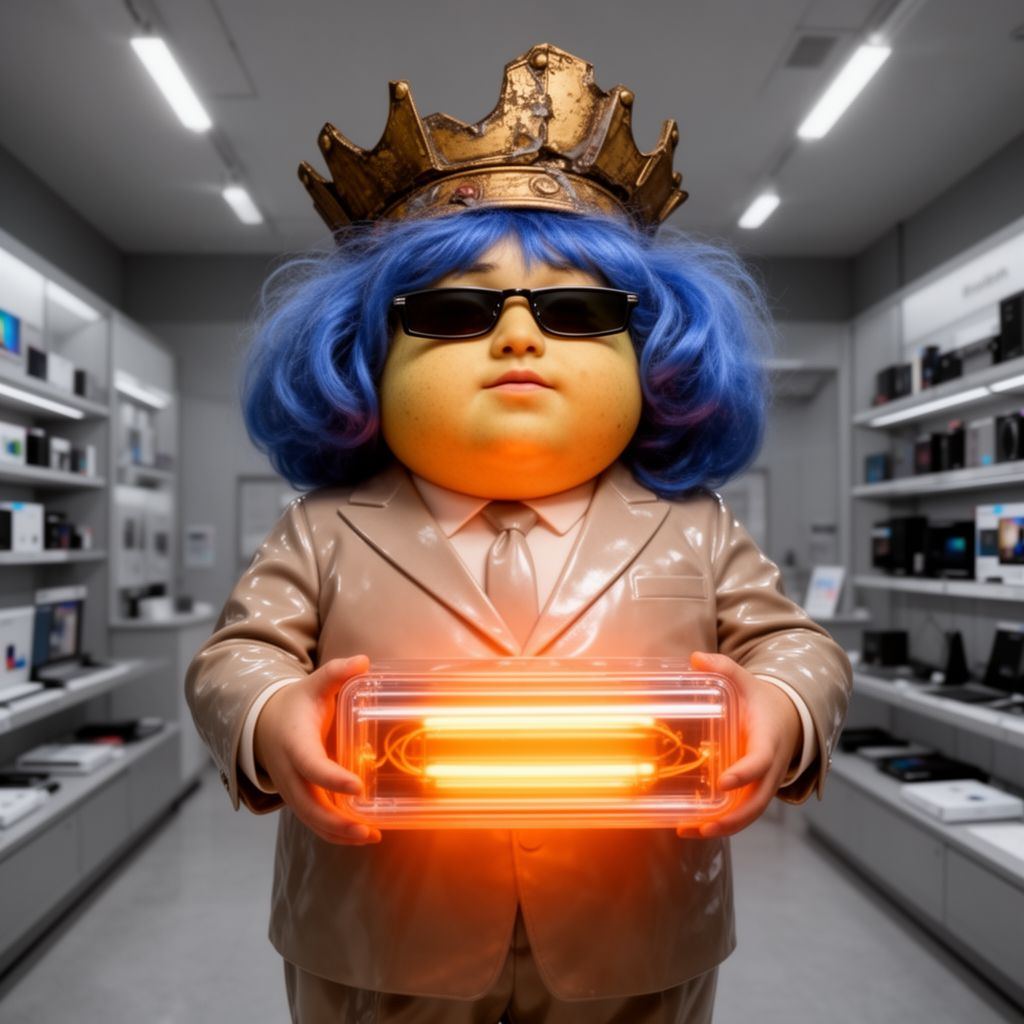 A man in a cheap suit presenting a glowing, vibrating plastic box in a sterile showroom.