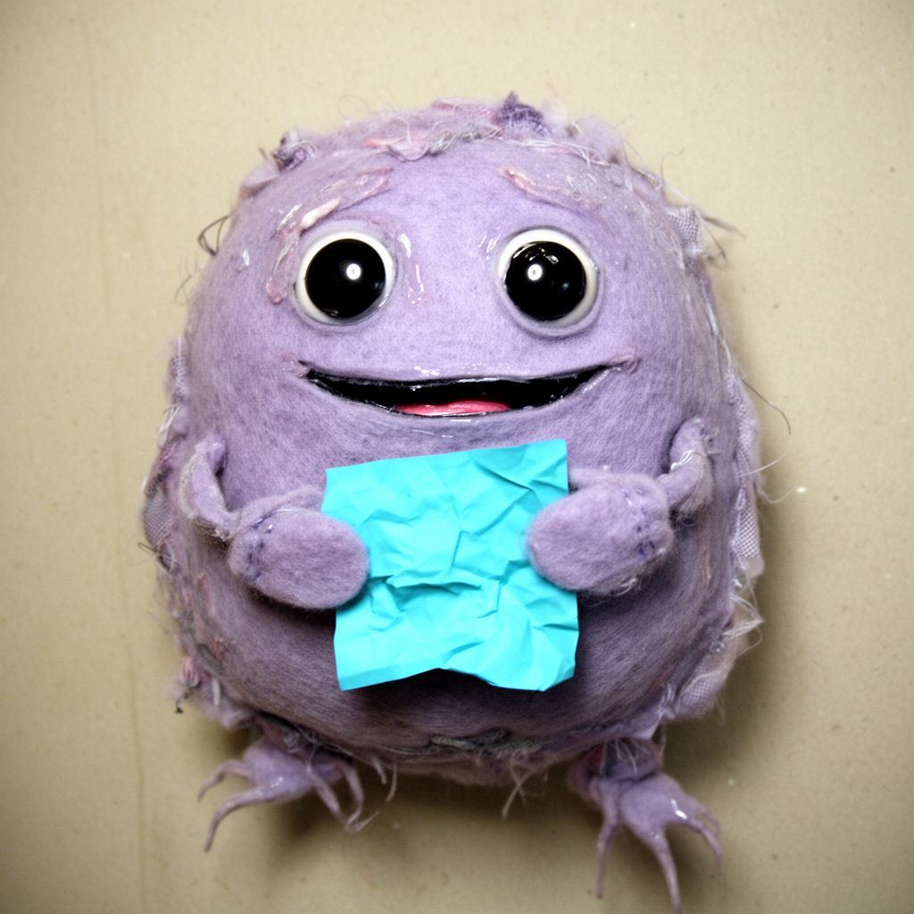 A small, fuzzy lavender creature standing in a corner, holding a blue scrap of paper.