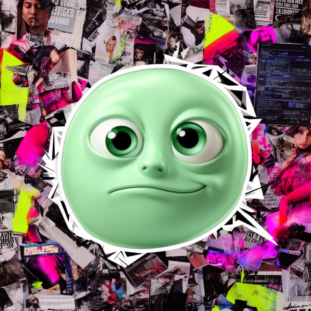 A mint-green desktop character with massive, unblinking cartoon eyes, set against a chaotic, vibrant collage background.