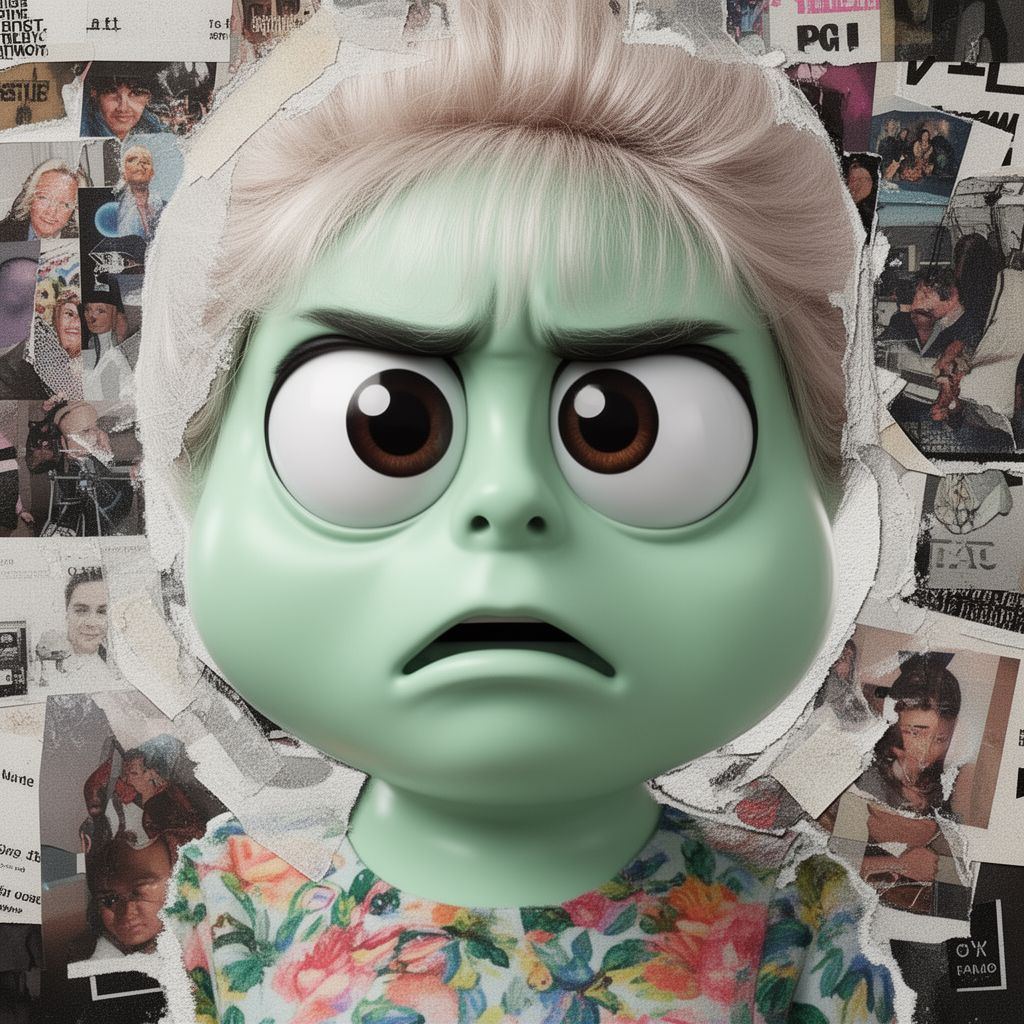A close-up of a mint-green, glossy desktop character looking visibly annoyed.