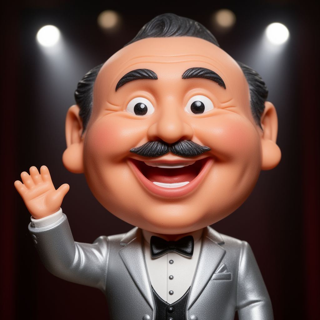 A close-up of a rubbery, peach-colored showman with a mustache and silver jacket.