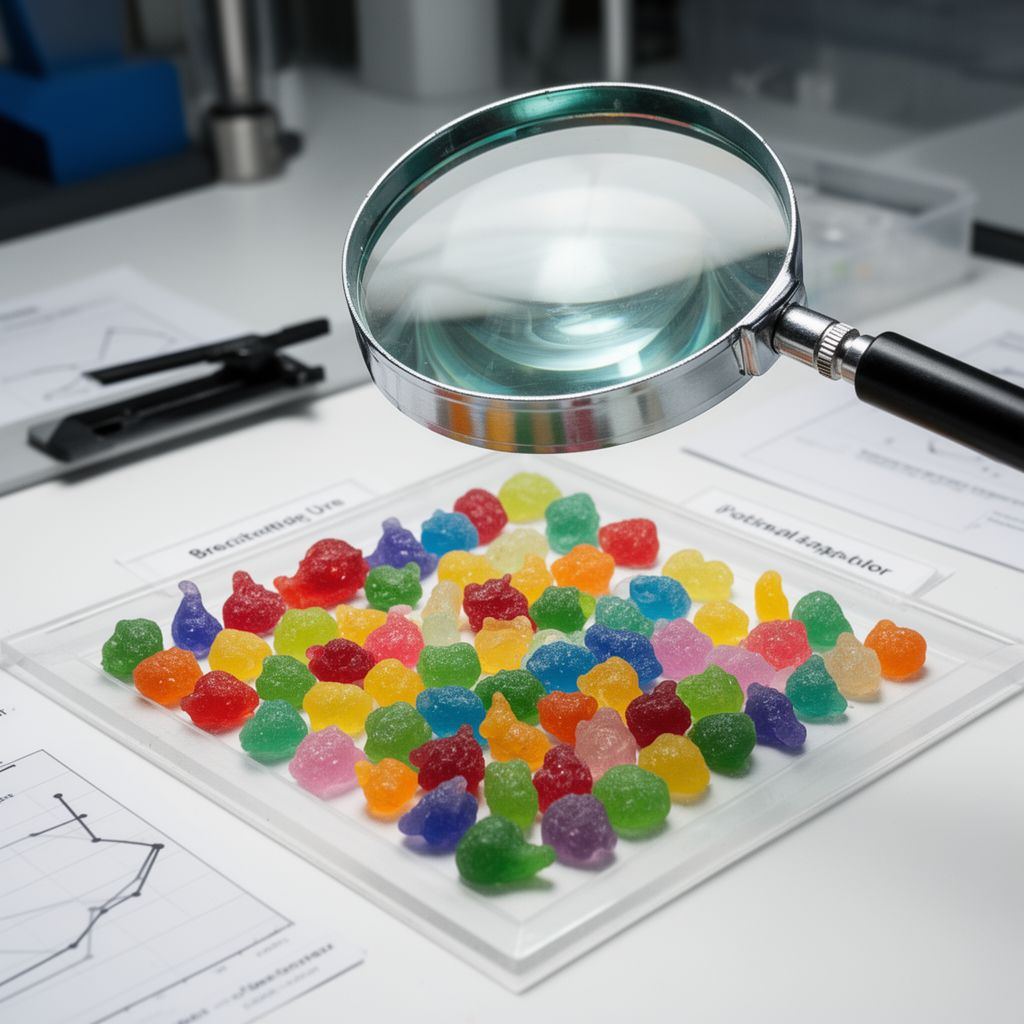 A magnifying glass inspecting a grid of glue globs.