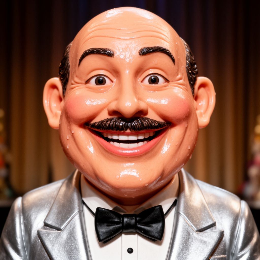 A close-up of a rubbery, peach-colored showman smiling broadly at the camera.