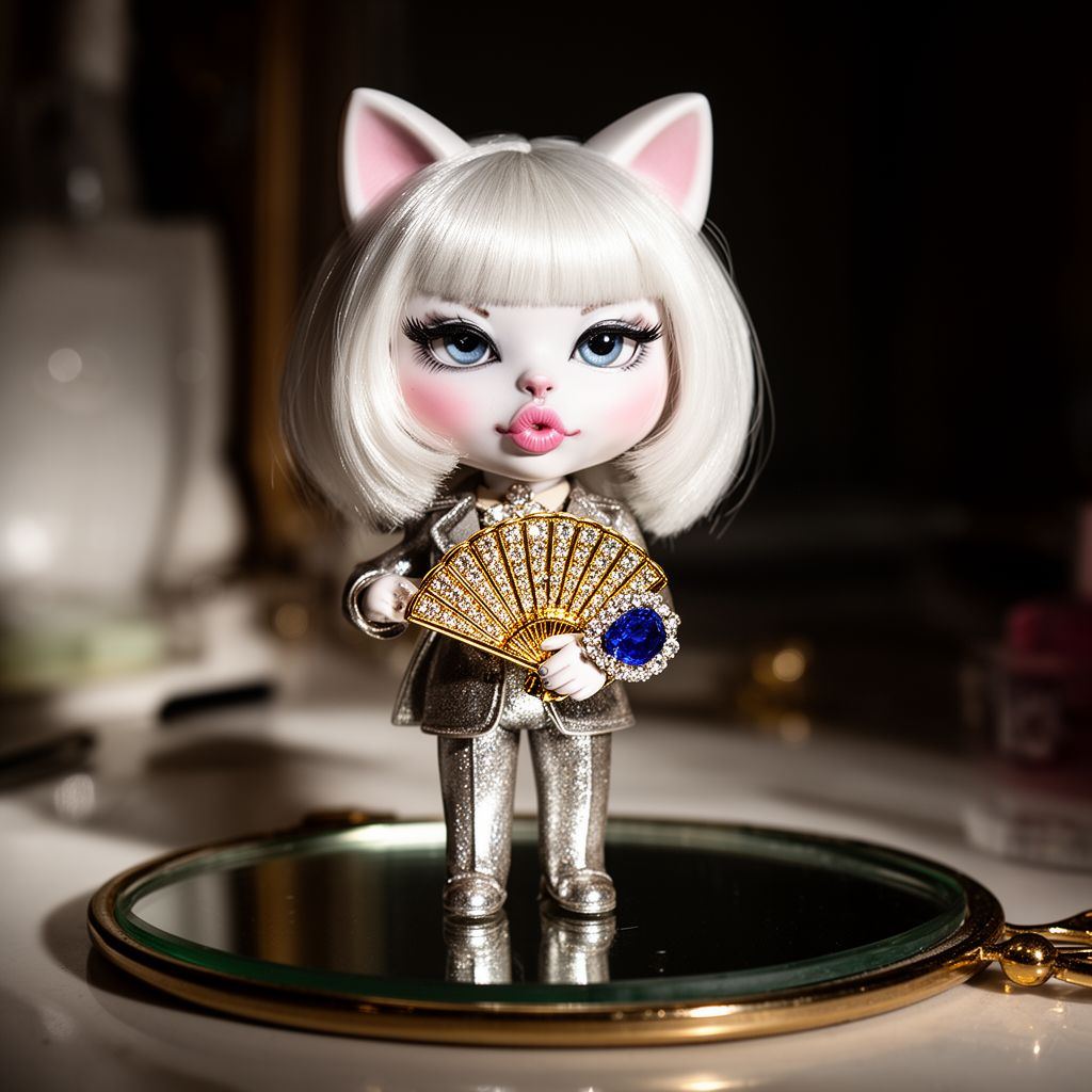 A small, elegant doll figure holding a gold fan, poised with artificial luxury.