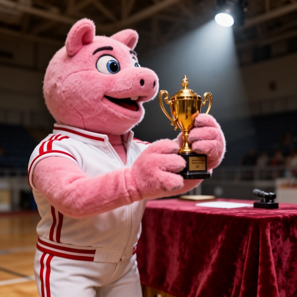 A pink plush toy judge wearing a tiny tracksuit, holding a small gold trophy.