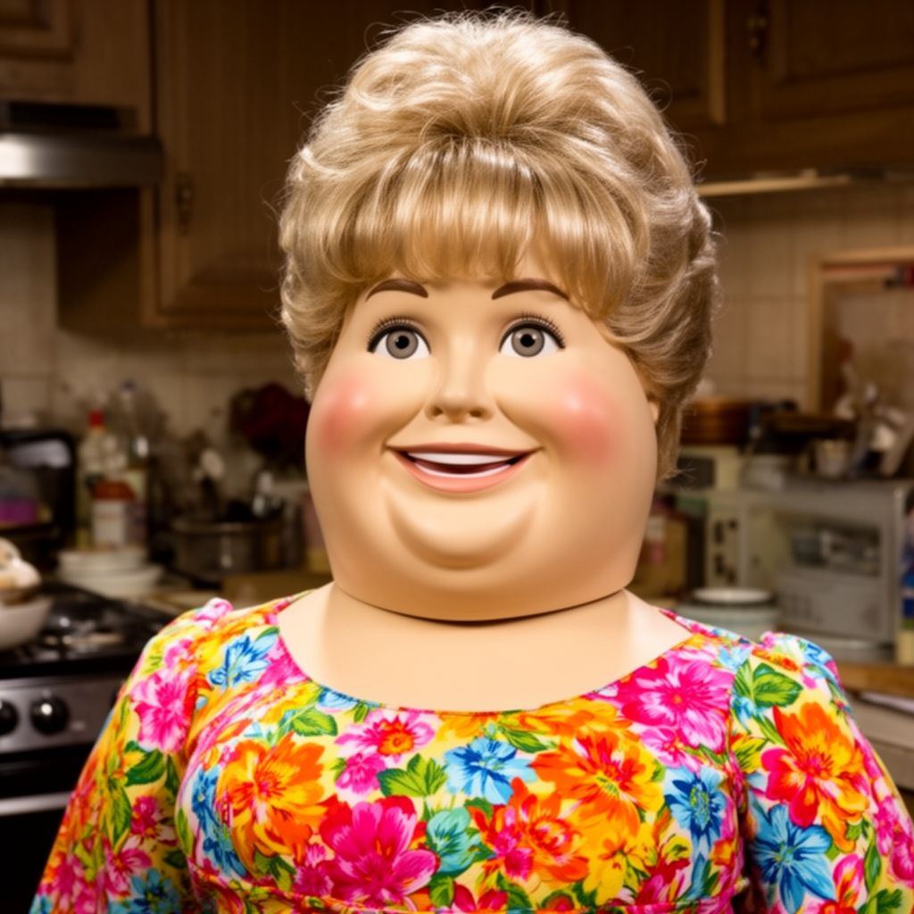 A cheerful plastic mannequin wearing a floral dress in a kitchen.