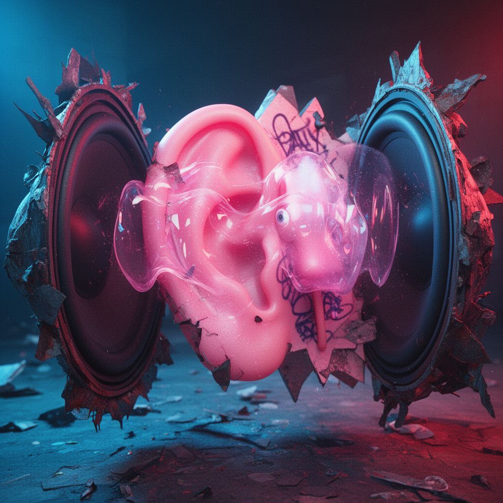 A surreal close-up of a plastic ear model being violently shaken by sound waves represented as metallic spikes.