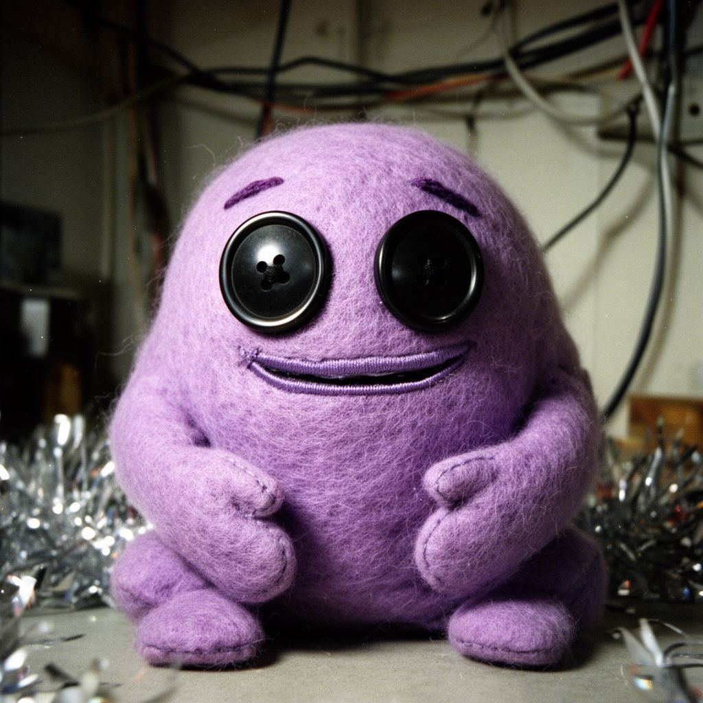 A squat, lavender felt creature with shiny black eyes and an anxious smile, sitting in a dim room.