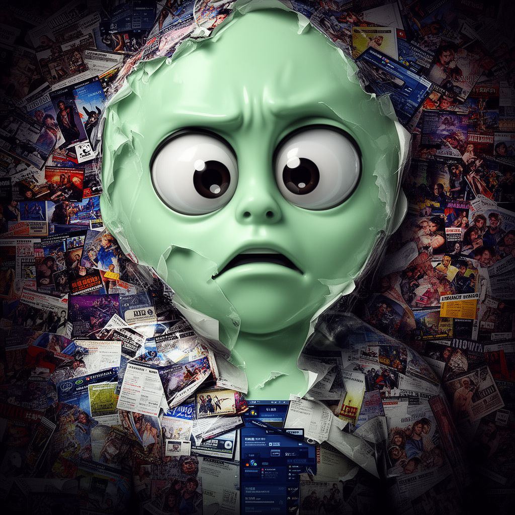 A mint-green desktop pet with large eyes, visibly annoyed, showing its peeling, collage-filled skin.