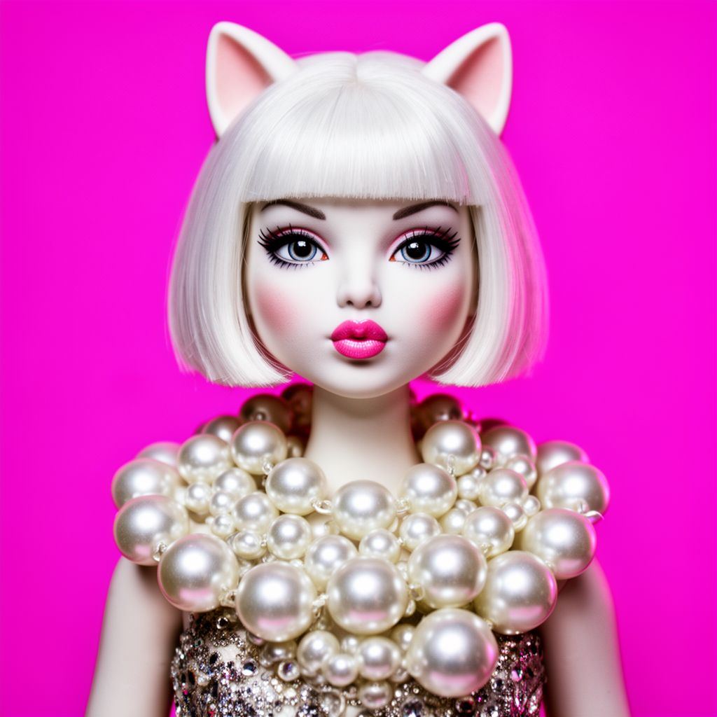 A small white cat-doll wearing an oversized pearl necklace against a neon purple background.