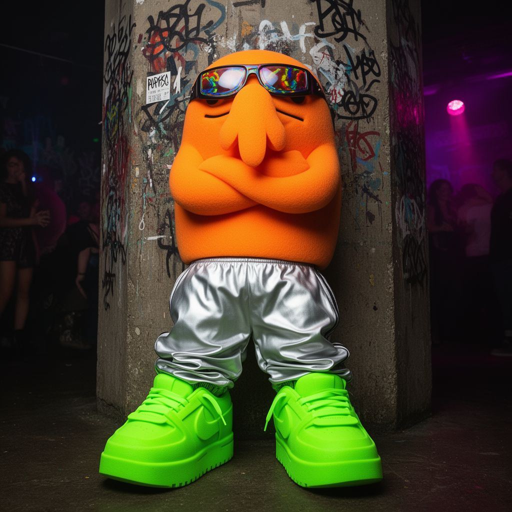 The orange mascot character looking unimpressed in a dark club setting.