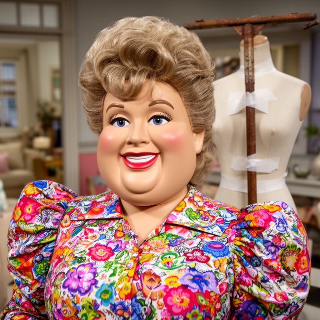A smiling plastic mannequin woman in a bright floral top standing next to a weird, DIY posture-correcting prop made of a mannequin torso on a mop handle.