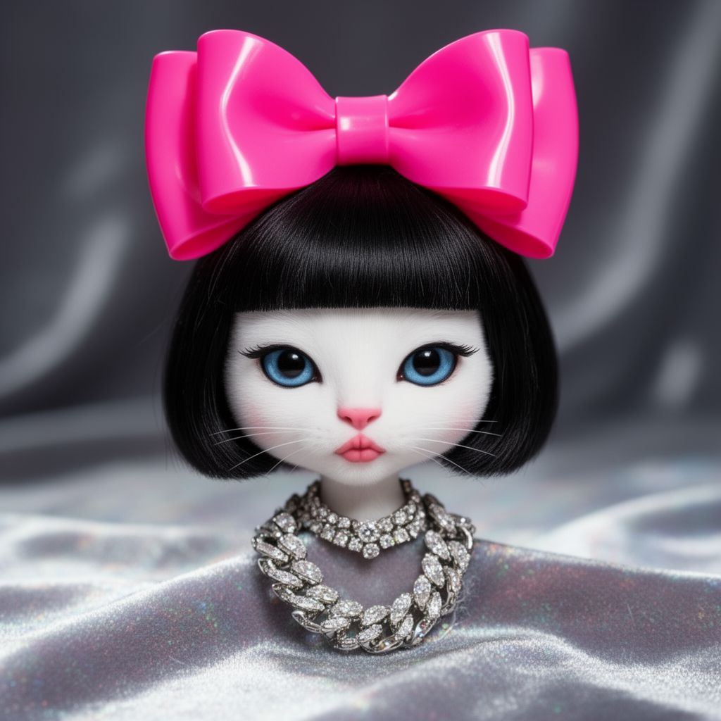 A doll-sized white cat-faced socialite with a black bob and an oversized pink bow, looking unimpressed.