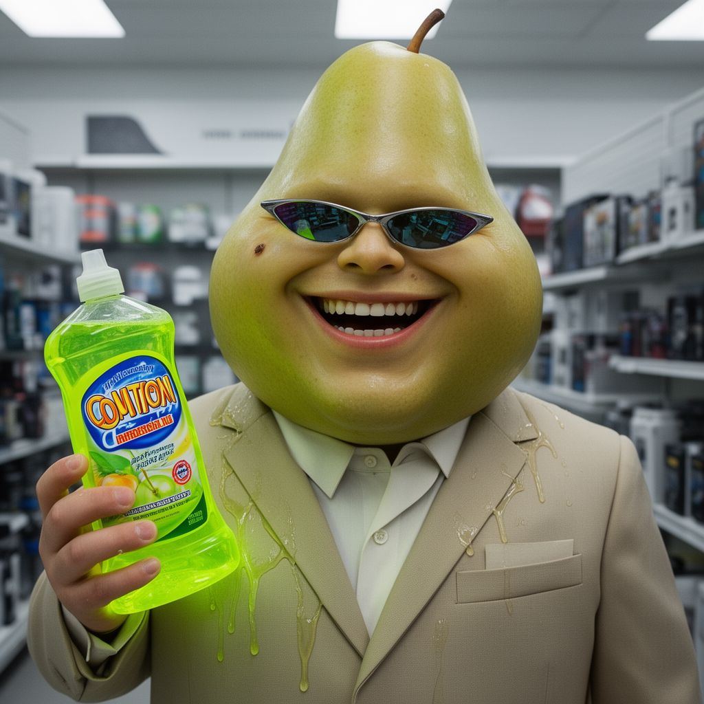 A waxy, smiling salesman in a beige suit holding a glowing, neon-liquid bottle in a showroom.