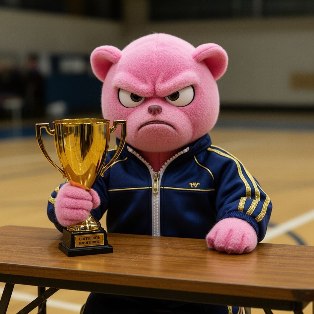 A small pink plush toy in a tracksuit holding a gold trophy, looking sternly at the camera.