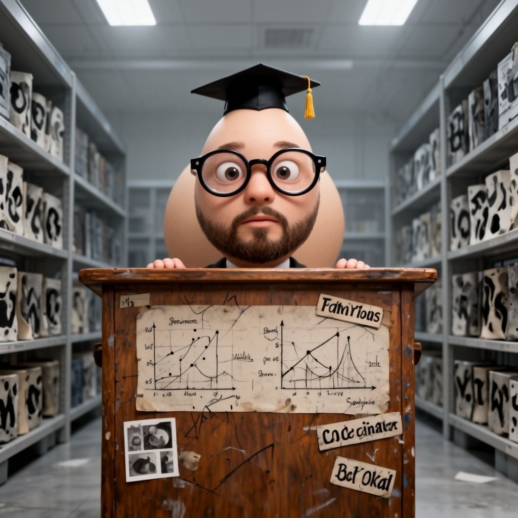 A bald egg-shaped professor with huge glasses and a tiny hat standing at a lectern.