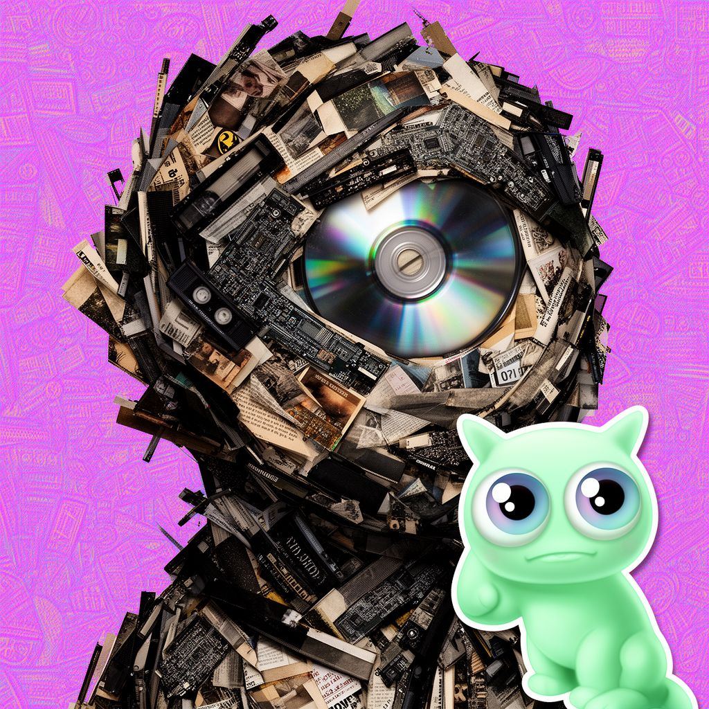 A surreal collage figure with a CD for an eye, made of layered magazines and tape.