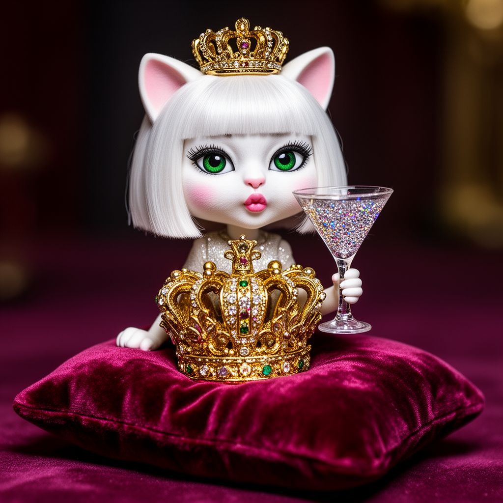 Miss Bim sitting on a velvet cushion, looking unimpressed while holding an oversized glass.