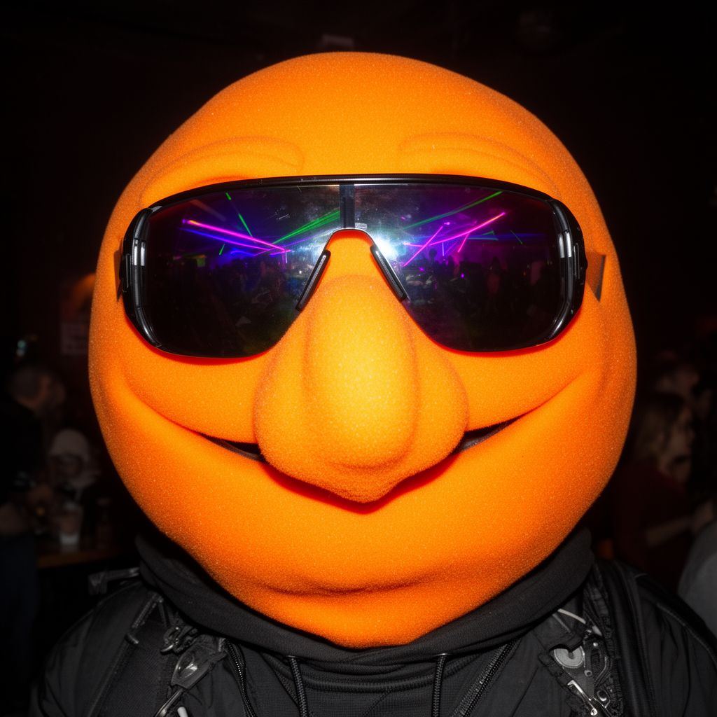 An orange foam mascot character in sunglasses, shot with a harsh camera flash.