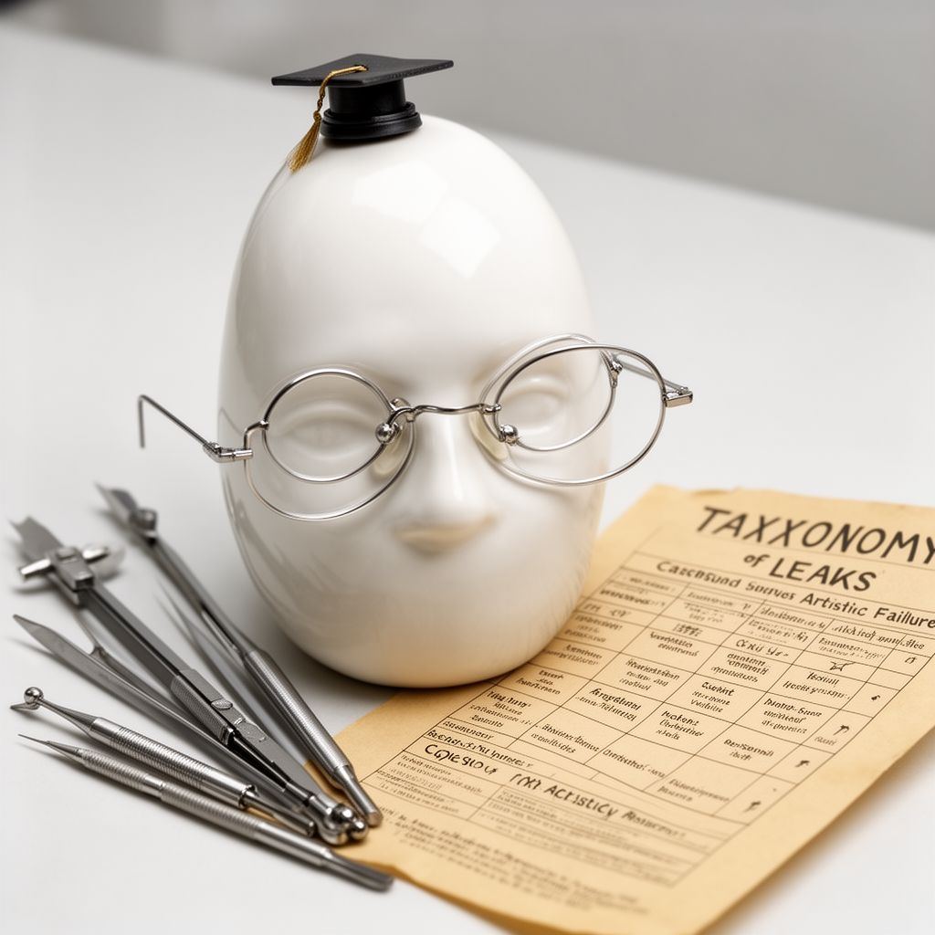A close-up of a polished egg-shaped head with academic glasses and a chart analyzing artistic failure.