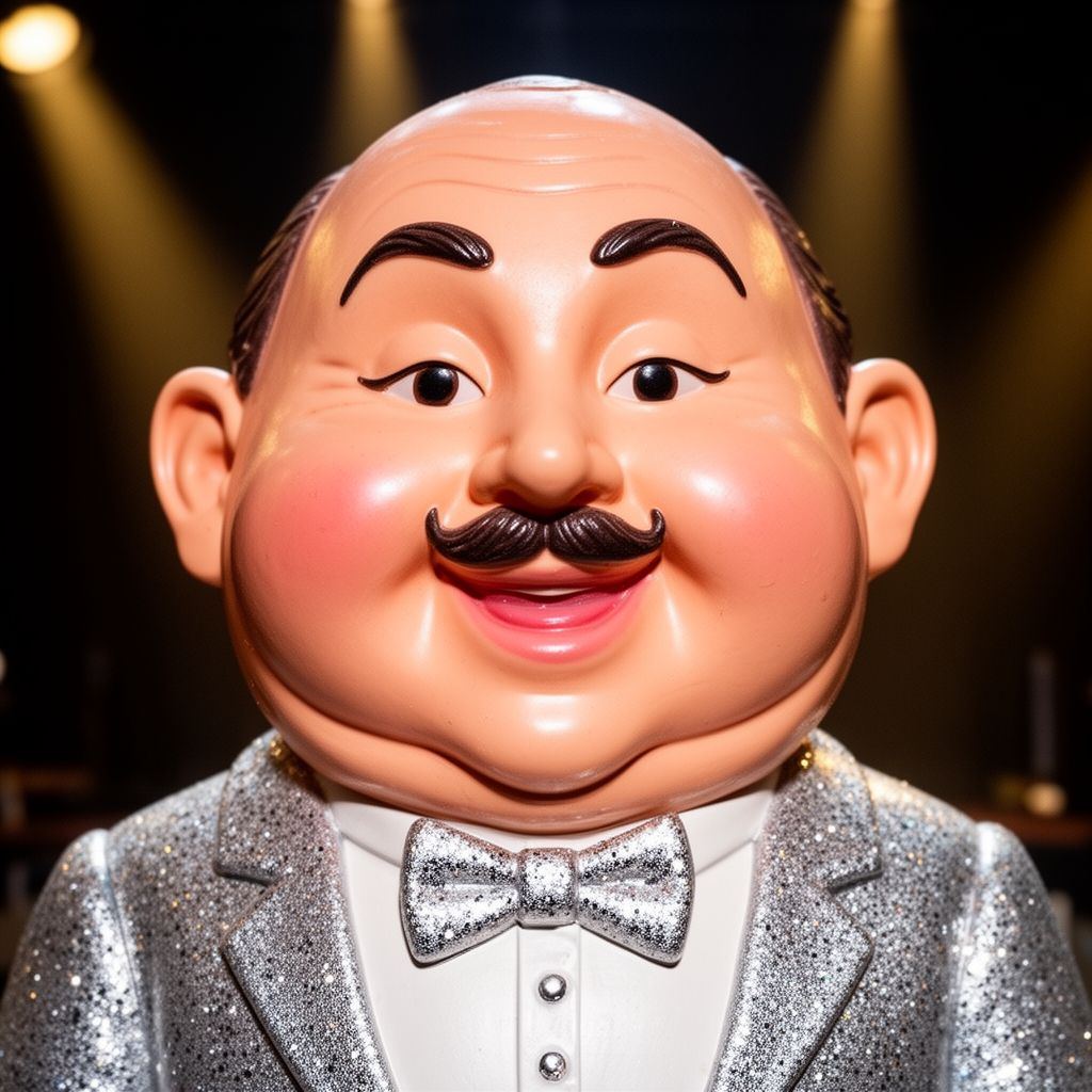 A close-up of a rubbery, peach-coloured showman figure with a tiny moustache and a silver jacket.