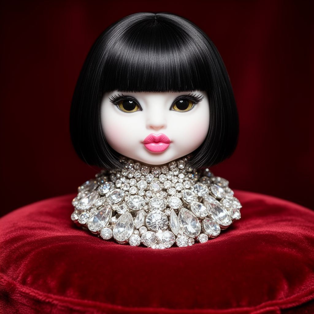 A close-up of a doll-sized white cat socialite with a bob haircut and a massive, oversized diamond choker.