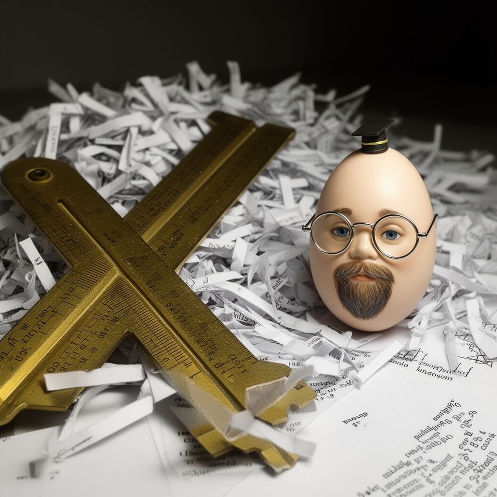A slide rule on shredded papers next to an egg-shaped lecturer figurine.