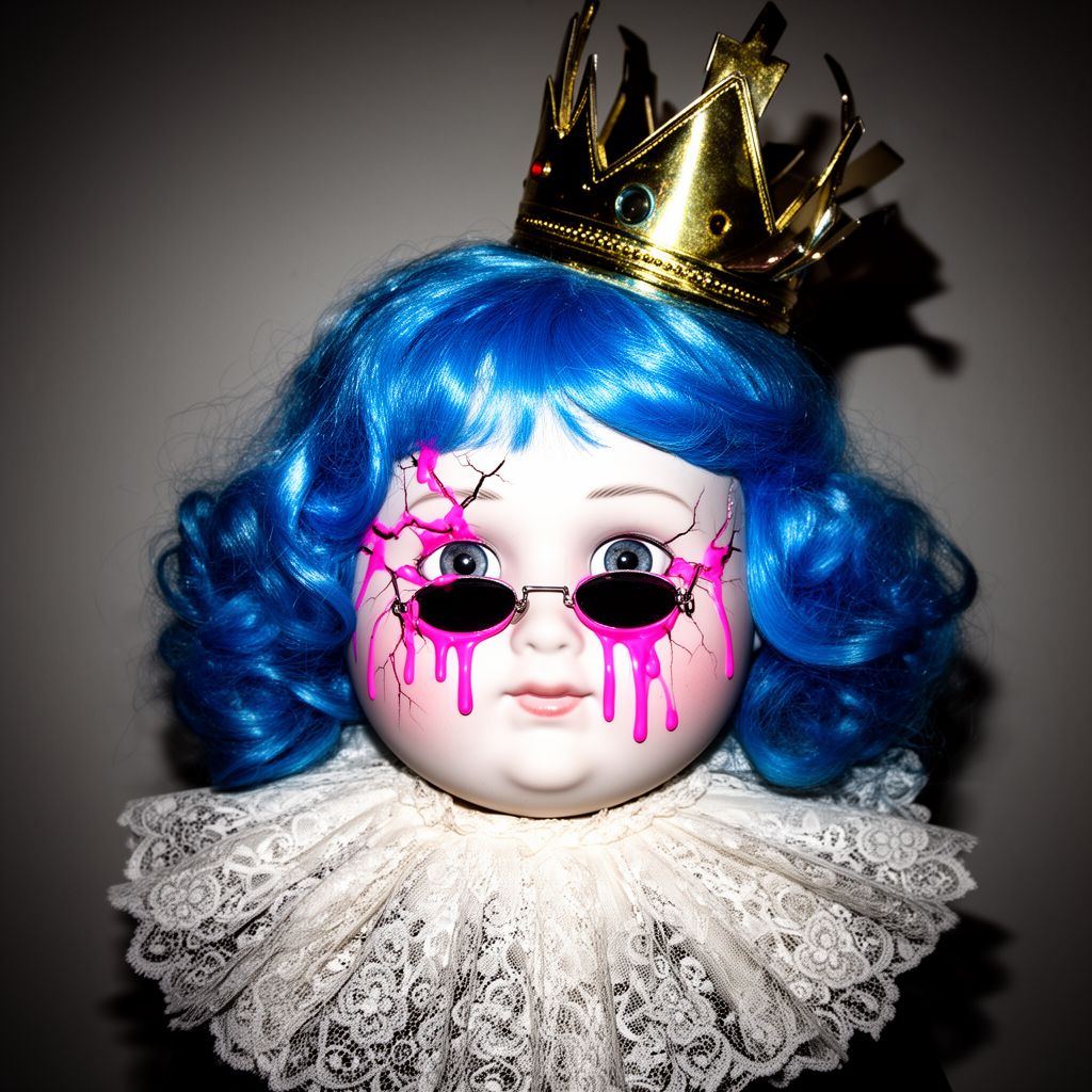A porcelain doll face with neon-pink cracks and tiny sunglasses, illuminated by an intense camera flash.