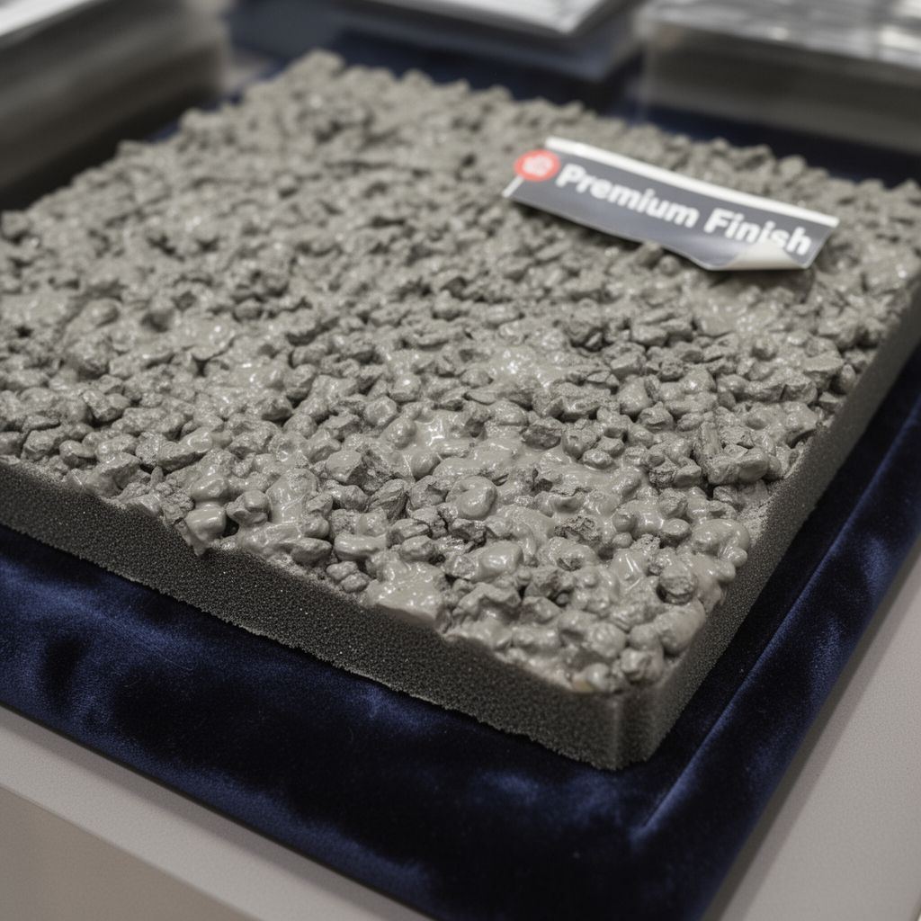 A close-up of a lumpy, plastic-beaded fabric sample on a velvet tray with a peeling sticker.