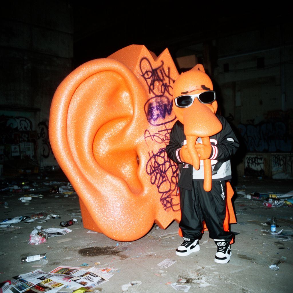 An absurdly large, lumpy orange foam ear sitting on cracked pavement at night.
