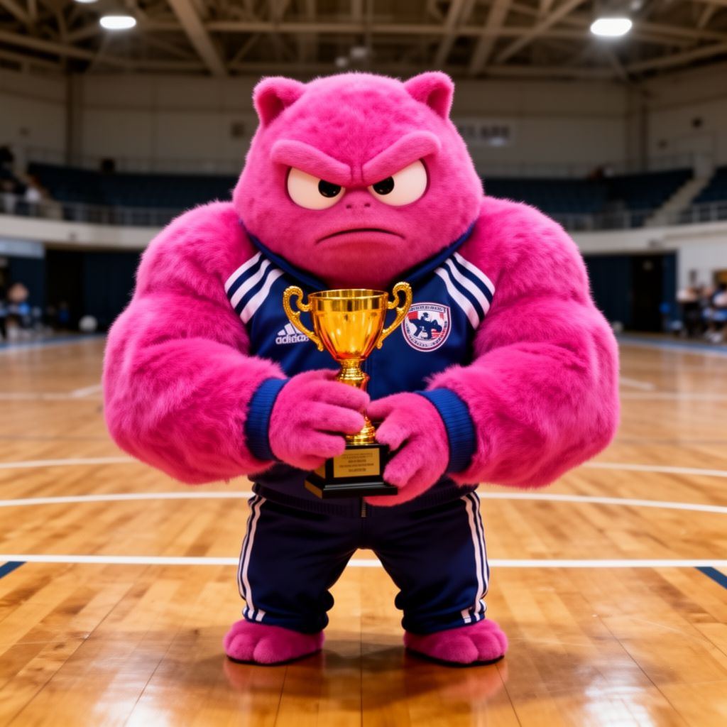 A pink plush creature in a tiny tracksuit holding a small trophy, looking sternly off-camera.